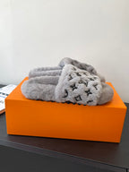 Louis Vuitton plush slip-on slippers, gray with black monogram all over