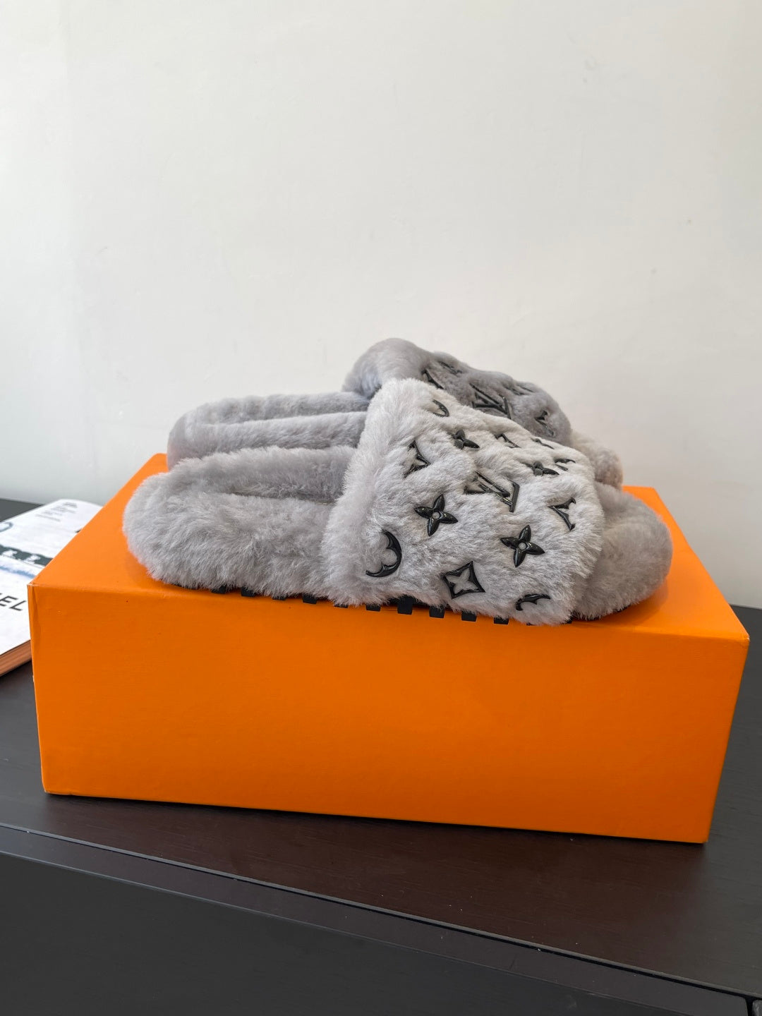 Louis Vuitton plush slip-on slippers, gray with black monogram all over