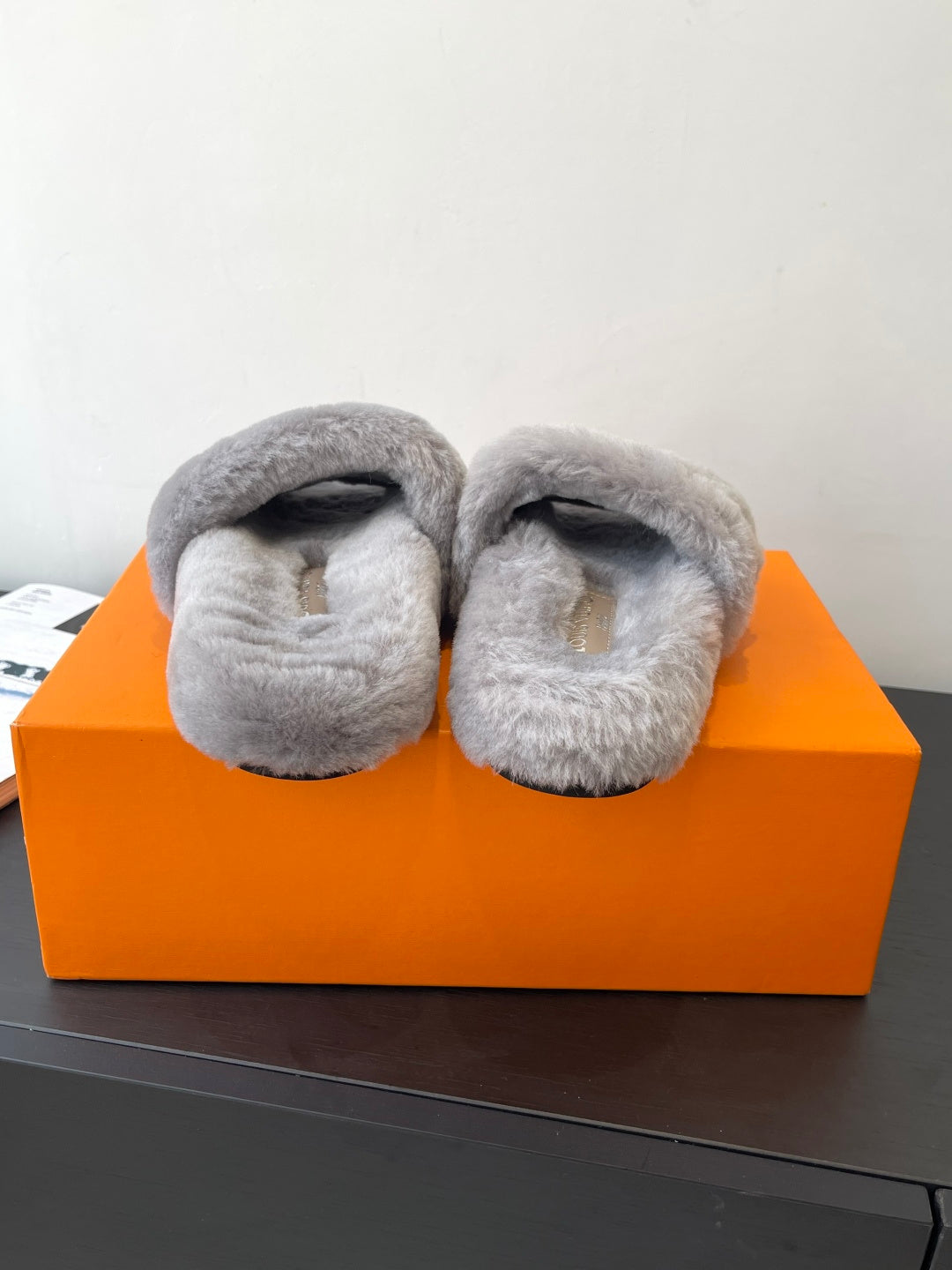 Louis Vuitton plush open-heel slippers, gray fuzzy straps