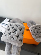 Louis Vuitton plush slide slippers, gray fur with black monogram pattern on upper