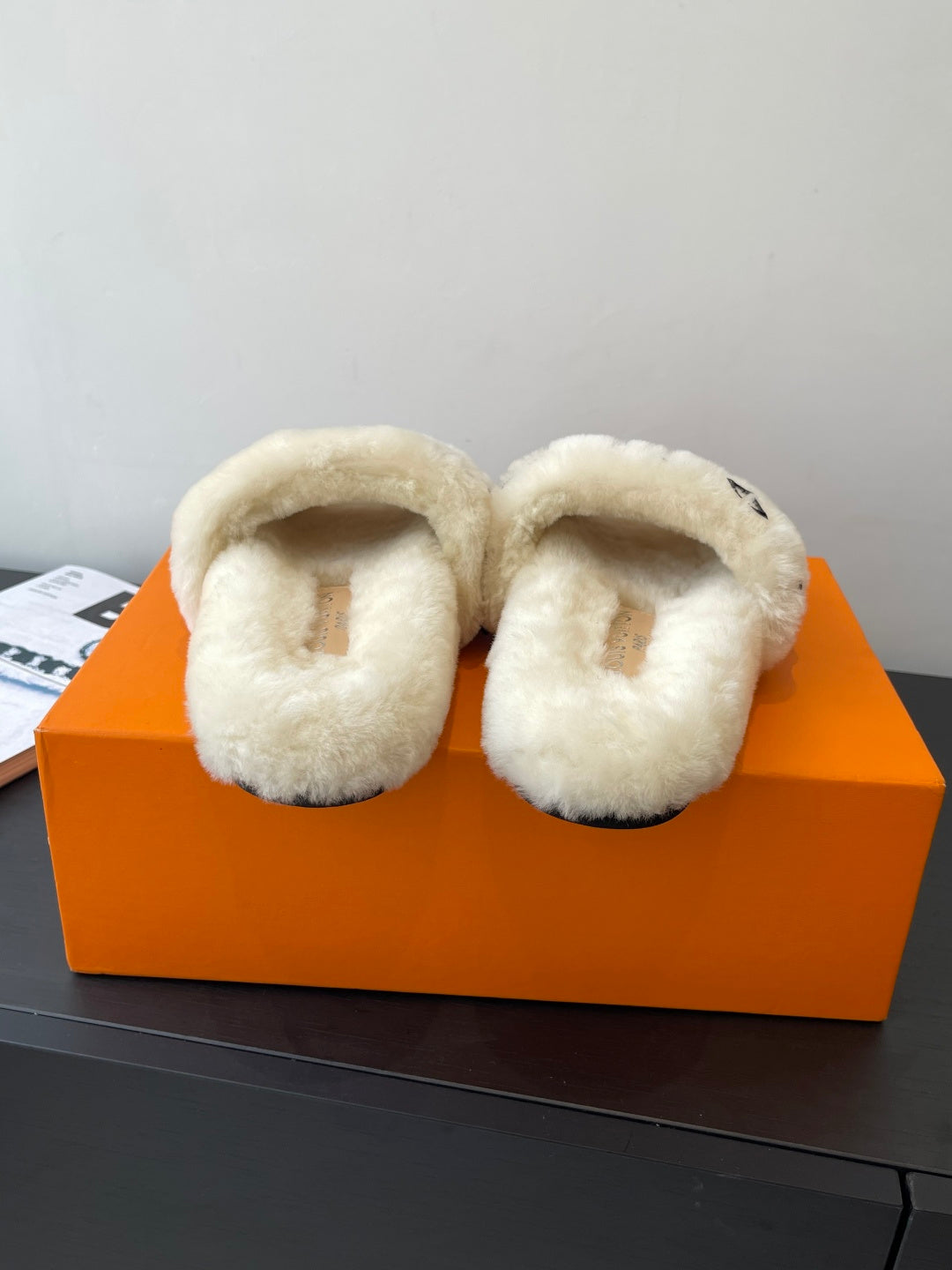 Louis Vuitton plush fur slides, cream cushioned straps and wide open toe