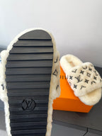 Louis Vuitton plush fur slide sandal outsole in dark rubber with logo