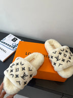 Louis Vuitton plush fur slides with black monogram print, open toe and wide band