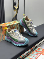 Moncler lace-up trail sneakers, beige mesh with green and purple panels, blue chunky sole