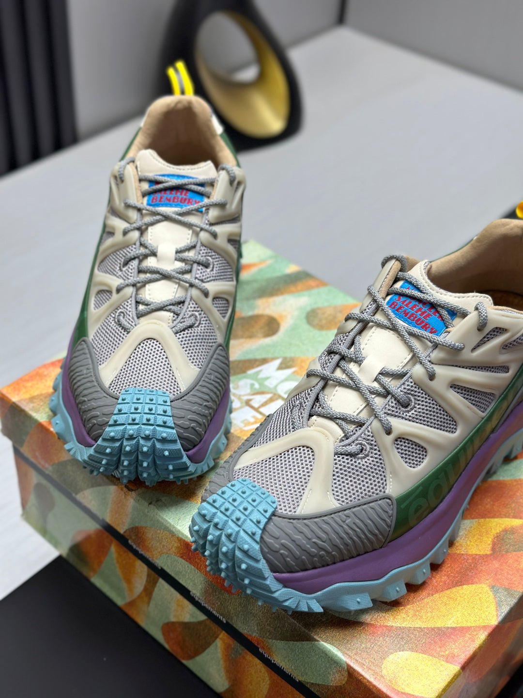 Moncler lace-up trail sneakers, beige mesh with multicolor logo laces, blue lug sole