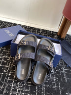 Dior sandals in gift box, dark blue patterned straps, silver buckles, black footbed