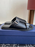 Leather slide sandals with single strap and metal buckle, dark gray, Dior branding