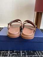 Dior slide sandals back view, brown suede straps and adjustable buckle hardware