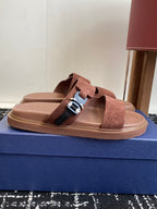 Dior slide sandals, brown suede two-strap design with silver buckle detail