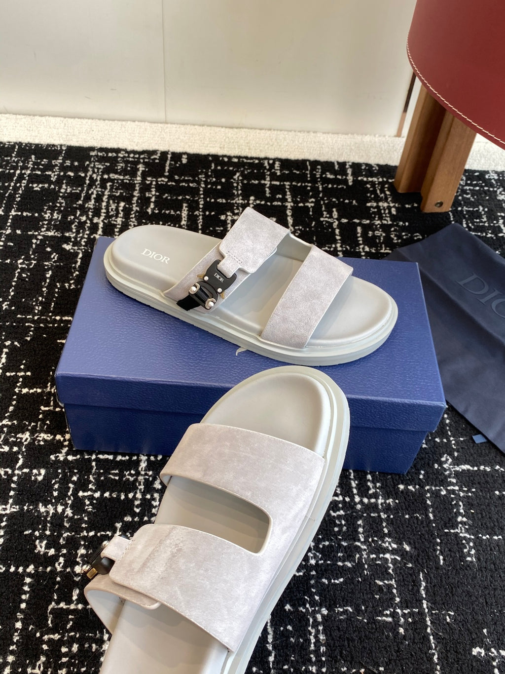 Dior slide sandals, light gray suede straps with silver buckle, on white platform sole