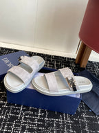 Dior slide sandals showing side straps, light gray suede with silver buckle and white sole