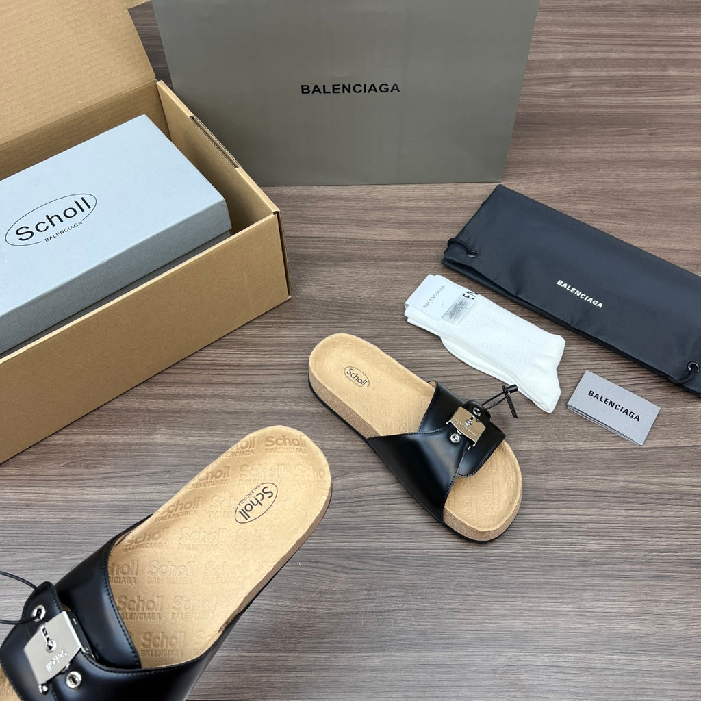 Balenciaga sandals, black leather slide with adjustable strap and tan cork insole.