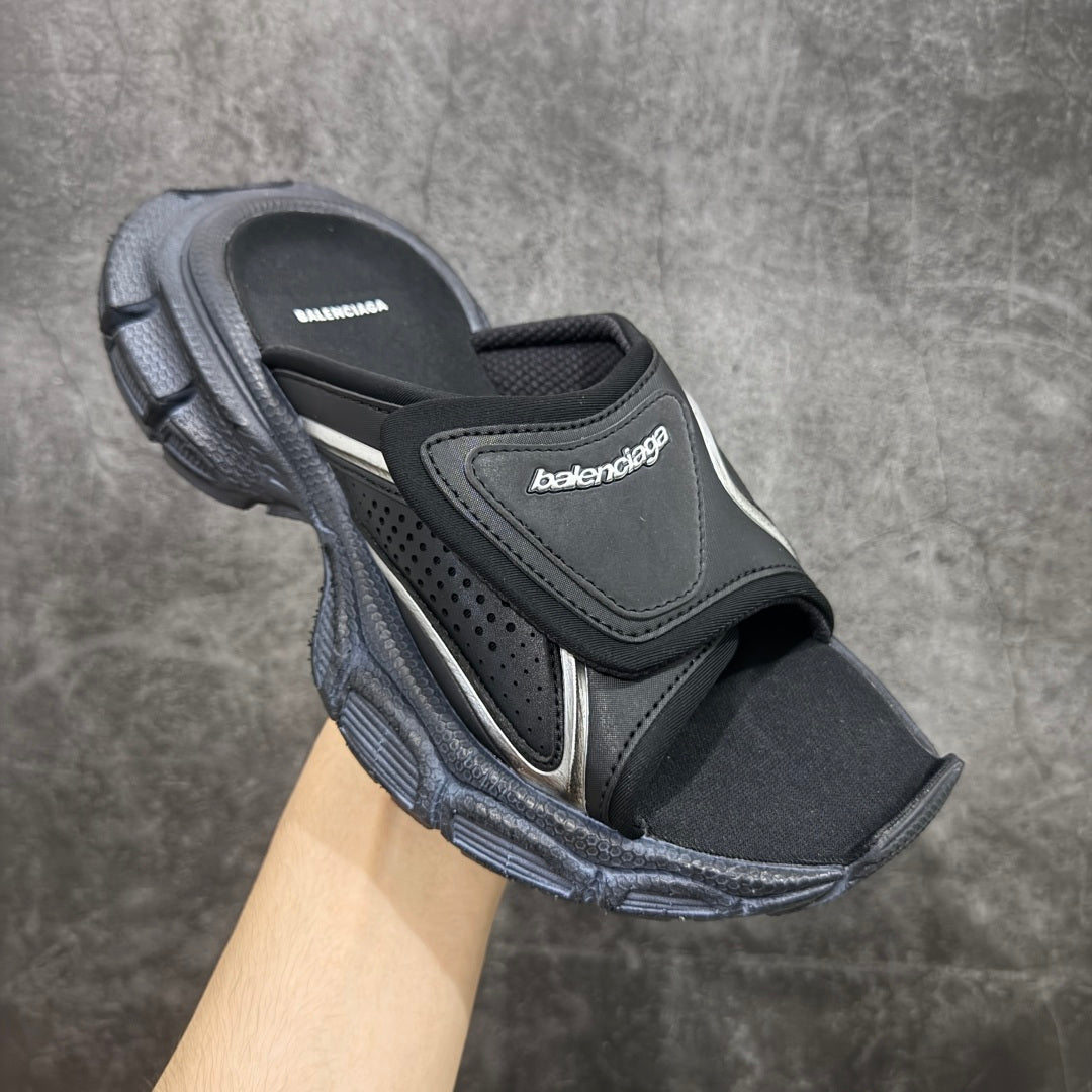 Balenciaga sandals with black upper, silver side panel, and perforated foot strap