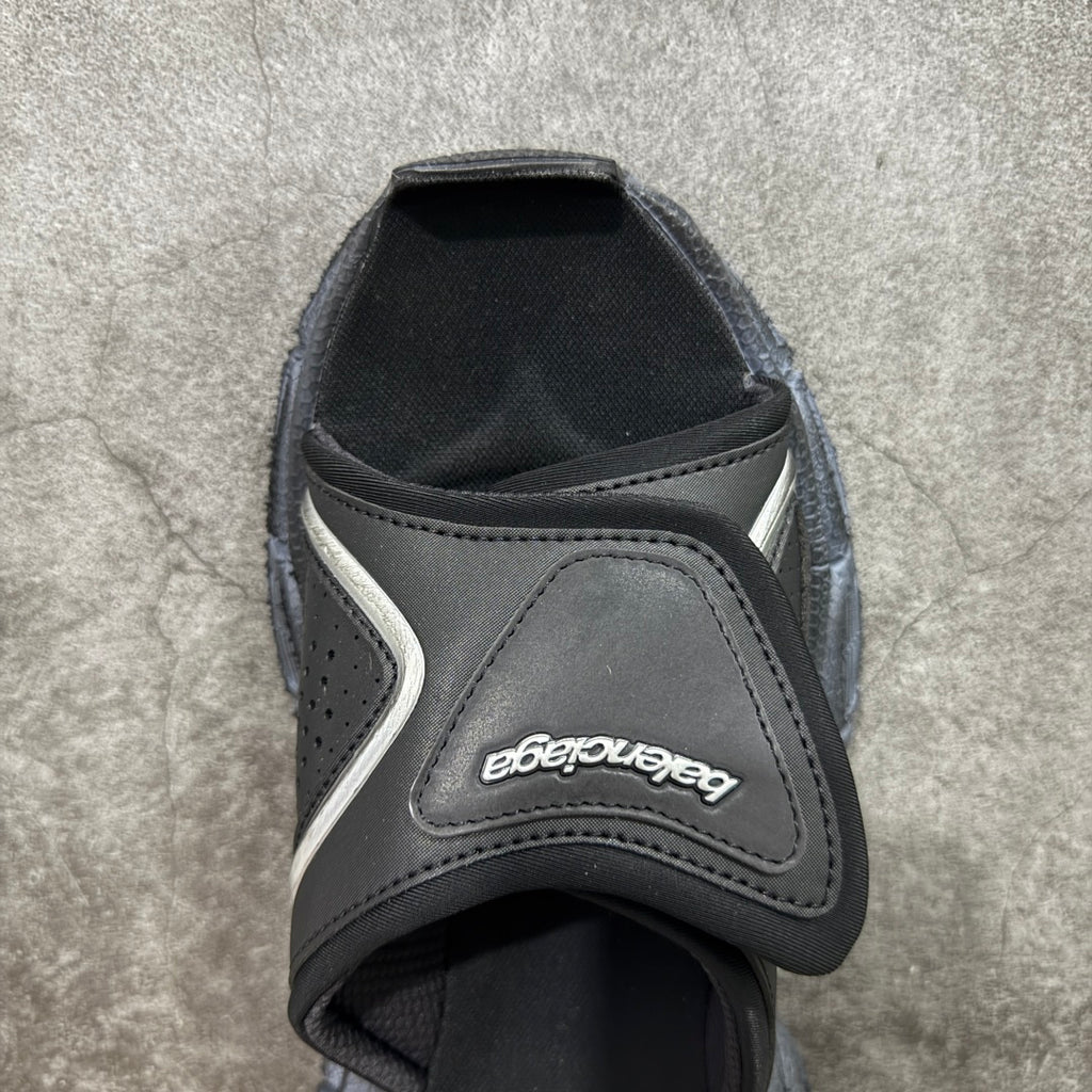 Balenciaga sandals with black toe strap and gray leather panel, branded logo patch