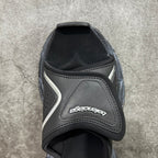 Balenciaga sandals with black toe strap and gray leather panel, branded logo patch