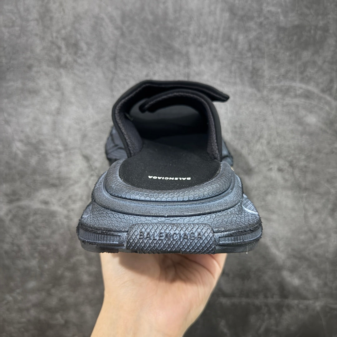 Balenciaga sandals back view with textured sole edge and black mesh lining