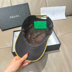 Black Prada baseball cap interior with green hang tag and stitched lining