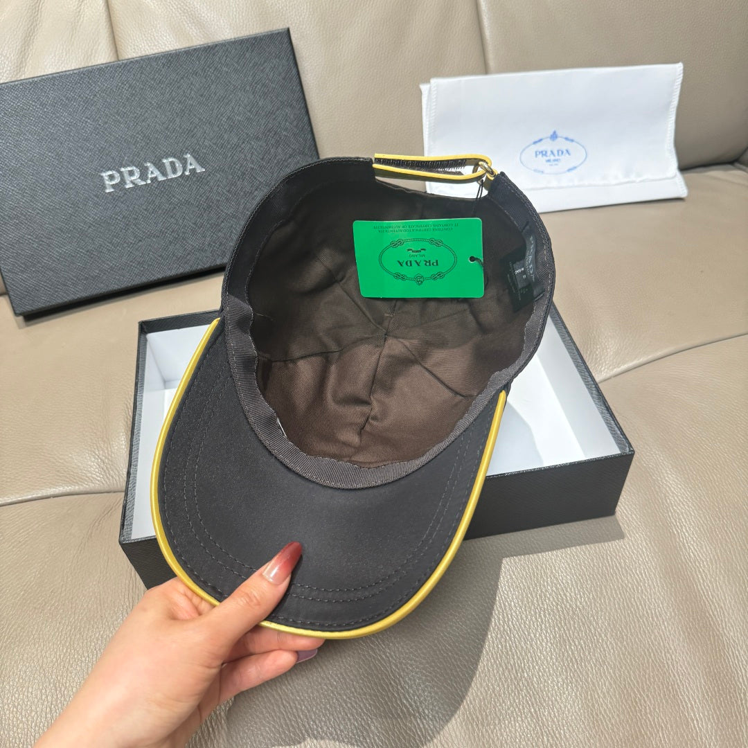 Black Prada baseball cap interior with green hang tag and stitched lining