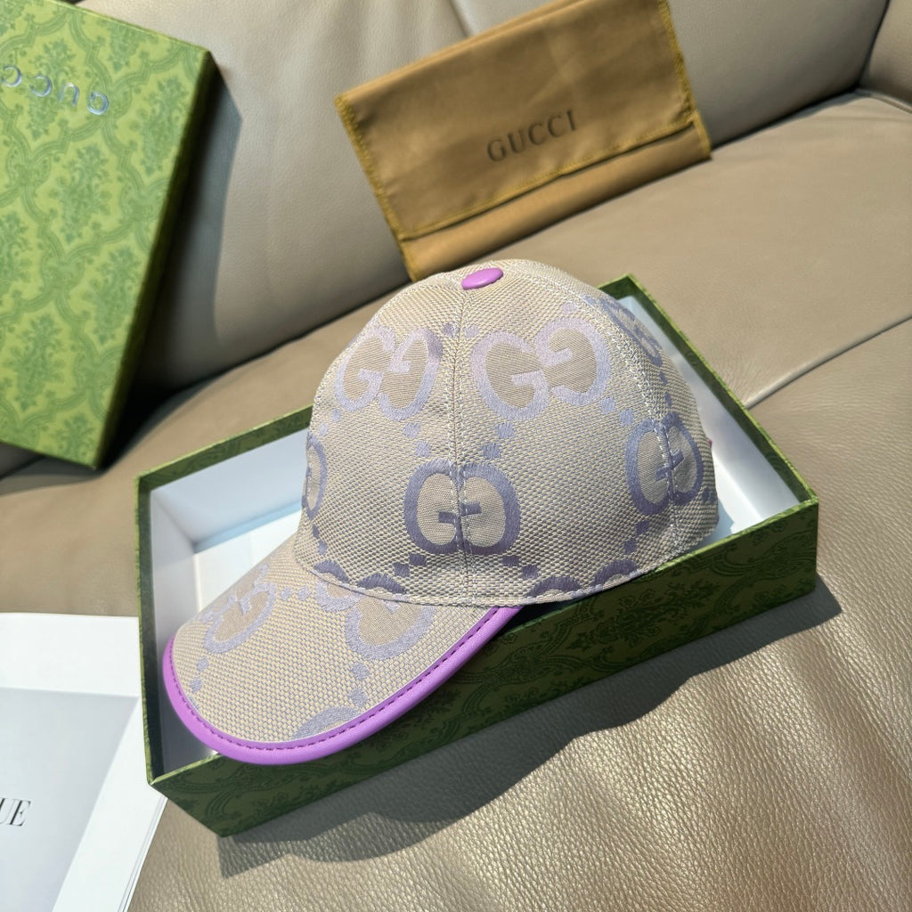 Gucci GG canvas baseball cap, light beige with purple edge and raised top button.