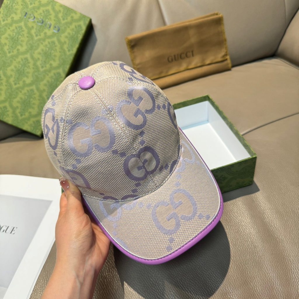 Gucci GG canvas baseball cap, light beige with purple dome button and trim.