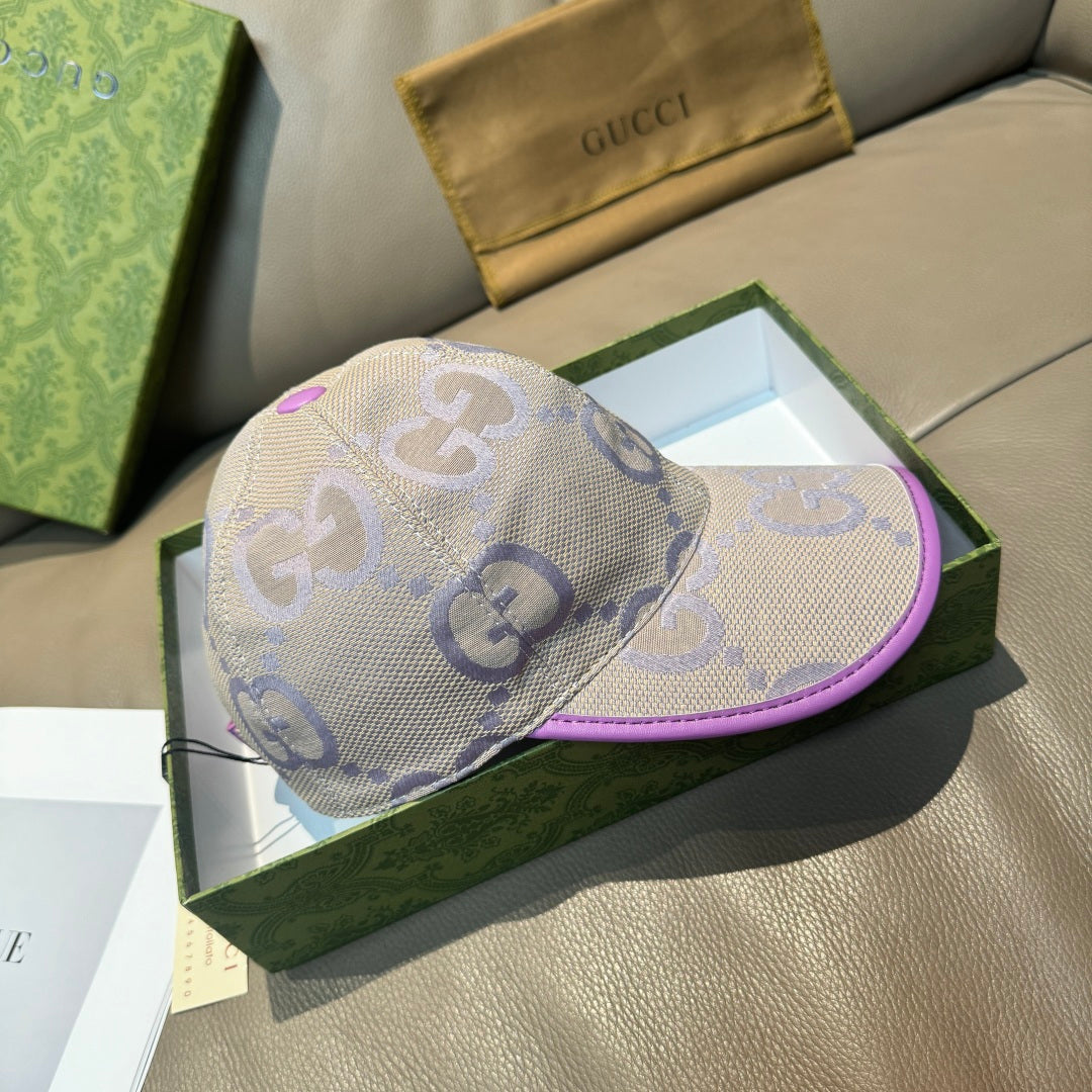 Gucci GG canvas baseball cap, light beige with purple-trim brim and side crown.