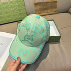 Gucci turquoise cap with GG logo pattern, teal brim edge, top button detail
