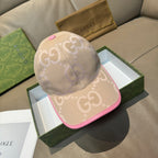 Gucci GG monogram baseball cap in beige canvas with pink trim and top button