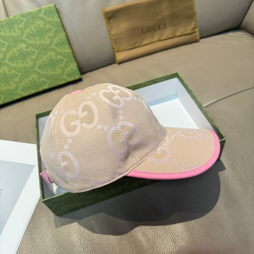 Gucci GG baseball cap, beige with pink contrast brim edge and stitched panels