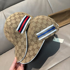 Brown GG monogram baseball cap with red-white-blue and blue-white side stripe accents