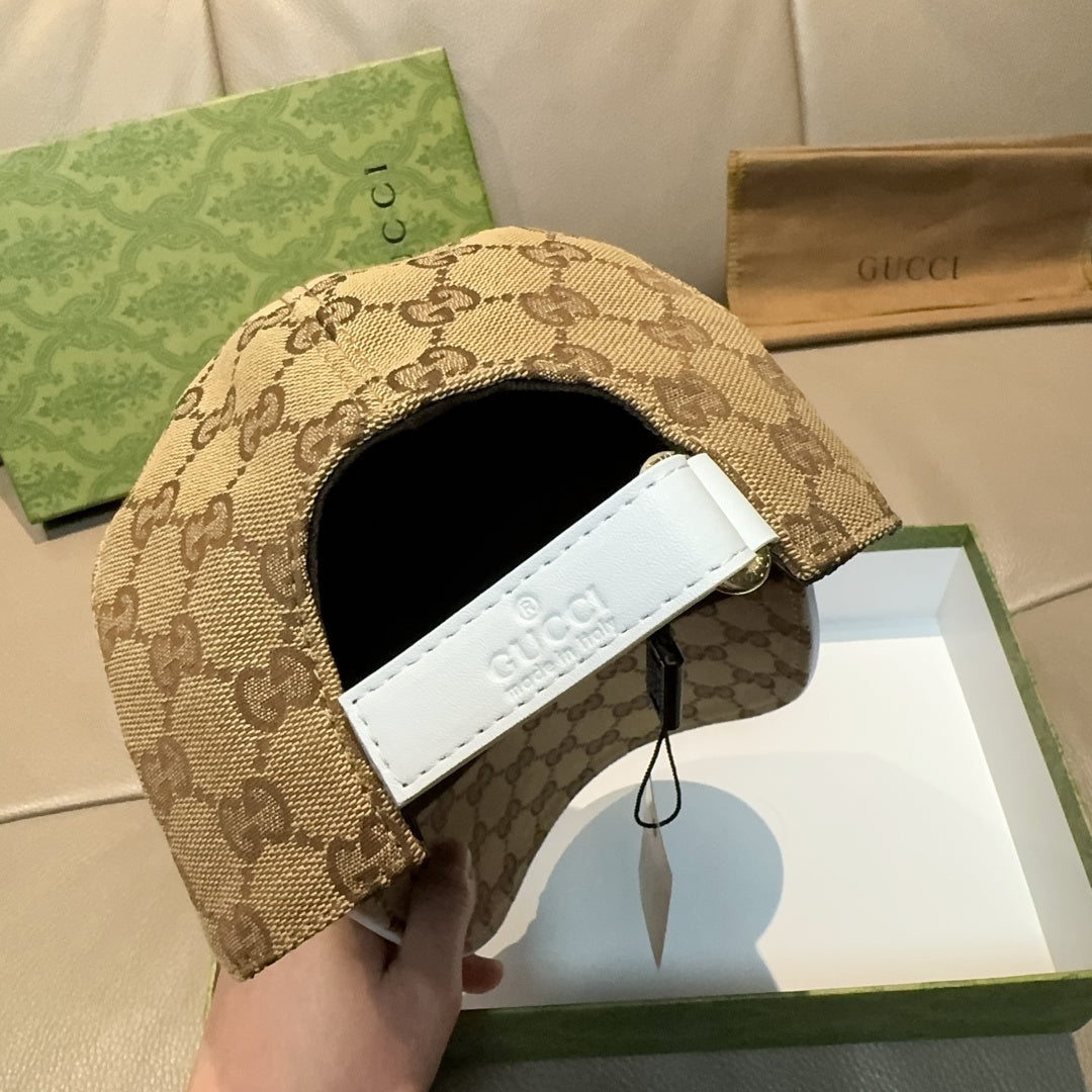 Beige GG monogram cap with white leather strap patch inside