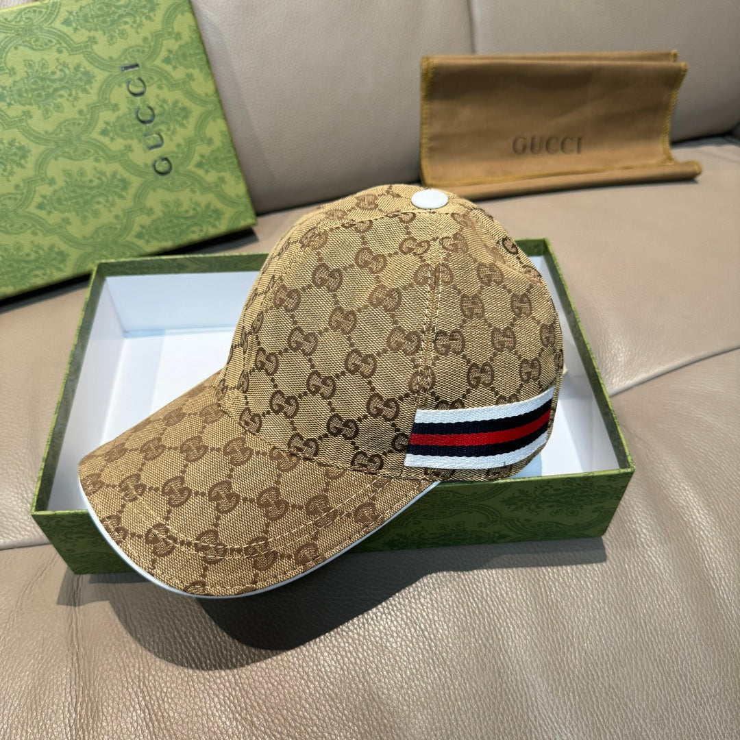 Beige GG monogram baseball cap with red, white, and blue stripe band