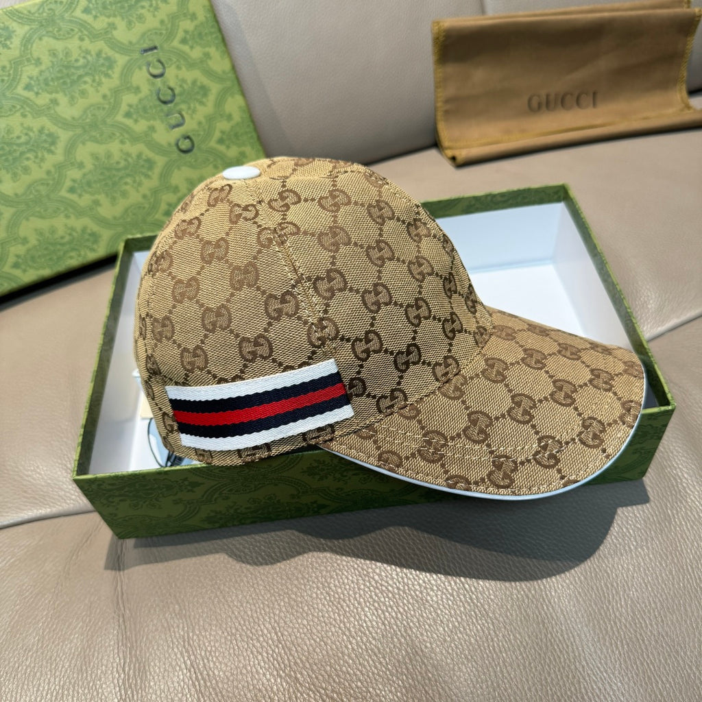 Beige GG monogram baseball cap with red, white, and blue stripe band