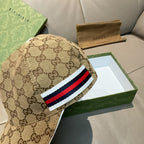 Beige GG monogram baseball cap with red, white, and blue stripe patch
