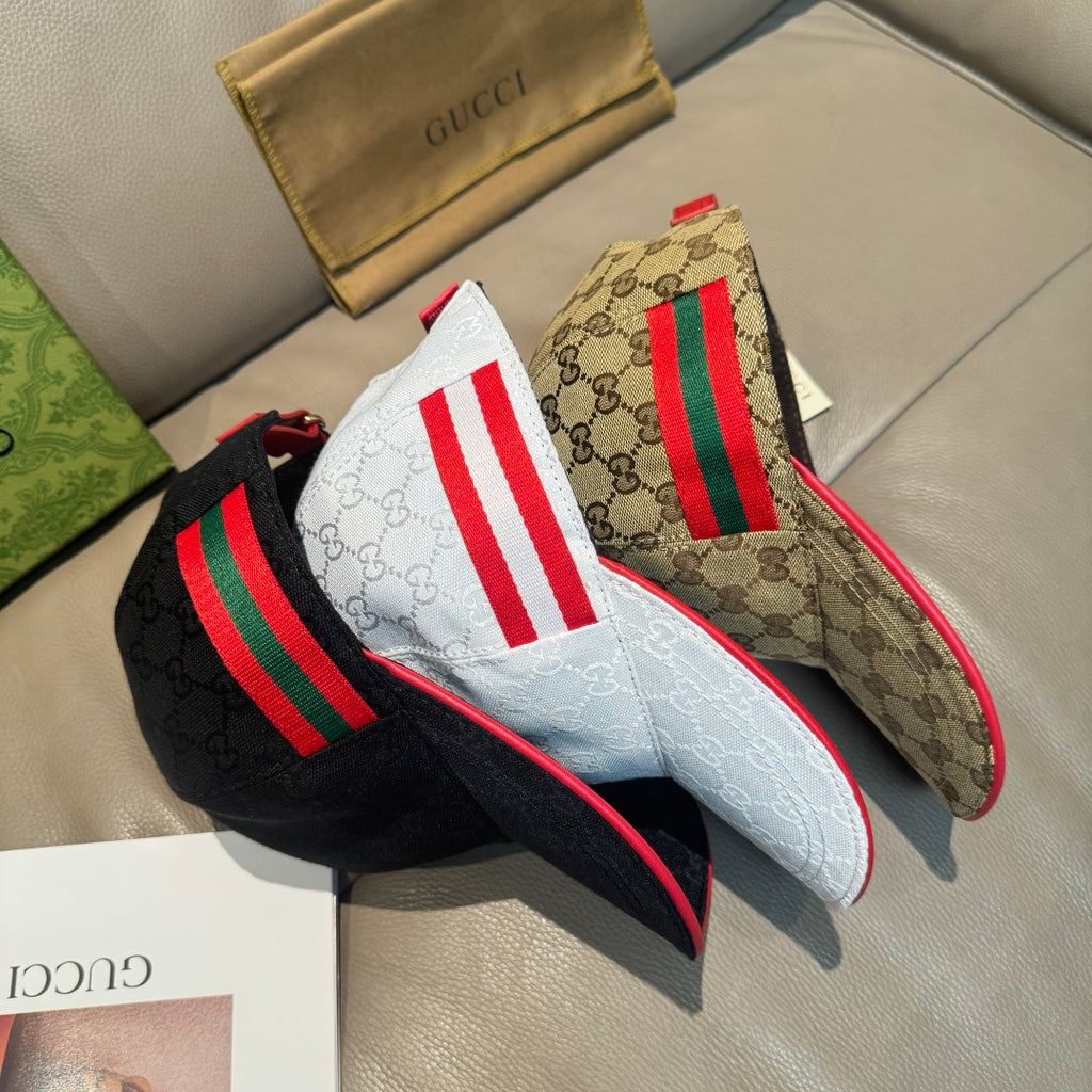 Gucci caps pair: black and white GG-style with red-green web trim and red edges