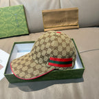 Gucci baseball cap in tan GG canvas with red-green web stripe and red edge trim