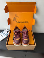 Louis Vuitton women's sneakers, dark purple leather-look with tan sole and purple laces