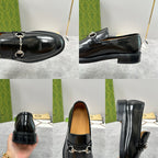 Gucci unisex leather loafer shoes in black, horsebit strap detail, multiple angles