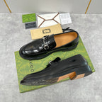Gucci unisex leather loafer shoes in black, horsebit detail, slip-on style