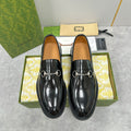 Gucci unisex leather loafer shoes in black, horsebit strap detail, round toe