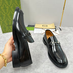 Gucci unisex leather loafer shoes, black, side and heel view, horsebit detail