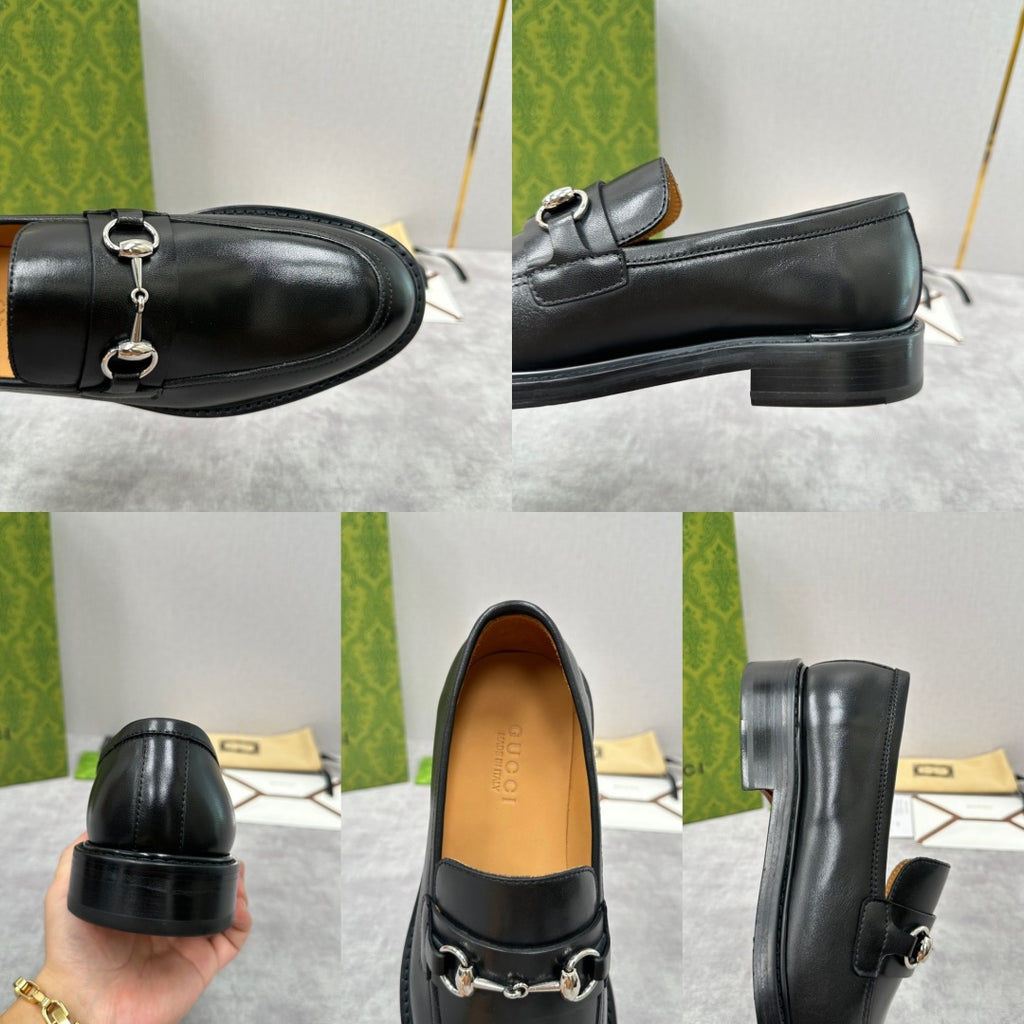 Gucci unisex leather loafers, black, horsebit strap, low block heel and sole.