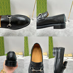 Gucci unisex leather loafers, black, horsebit strap, low block heel and sole.