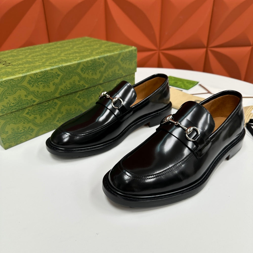 Gucci unisex leather loafers, black, silver-tone horsebit detail