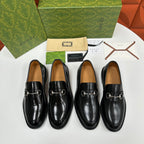 Gucci leather loafers in black, silver-tone horsebit; four pairs shown