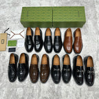 Gucci loafers assortment in black, brown, and patterned textures, horsebit styles