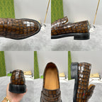 Gucci loafers detail collage: heel, toe, and side views of brown crocodile-embossed