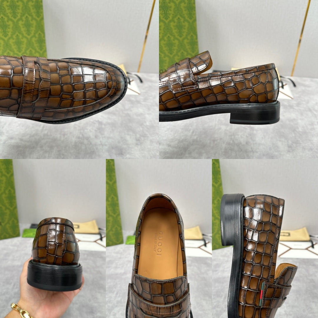 Gucci loafers detail collage: heel, toe, and side views of brown crocodile-embossed