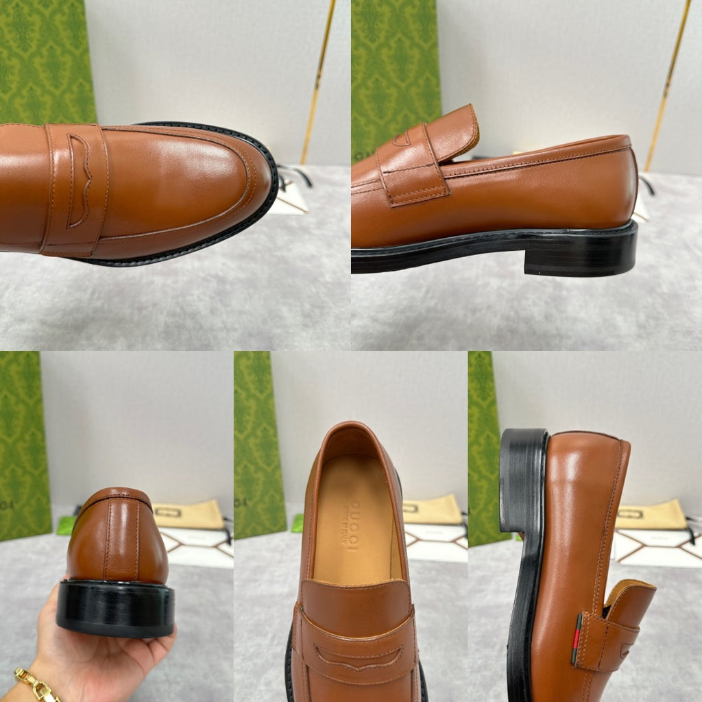 Pair of brown leather loafers with penny strap and black soles, multiple views