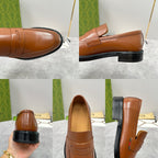 Pair of brown leather loafers with penny strap and black soles, multiple views