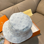 Louis Vuitton bucket cap in light blue with monogram print, back view